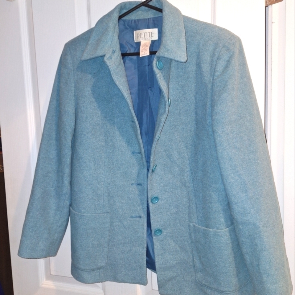 Petite Sophisticate Teal Green Blue Wool Cashmere Blend Blazer Jacket Size 8